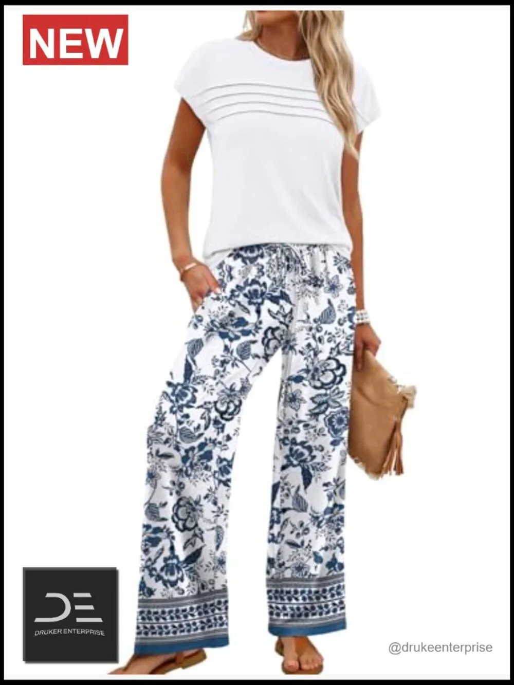 Matching Two Piece Set - Cap Sleeve Top & Wide Leg Pants